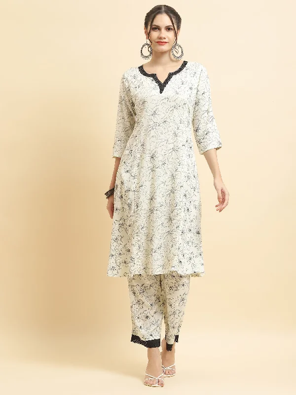 Printed Cardigan and Pants Sets Women Liva Rayon Off White Floral Print Kurta With Comfort Pant