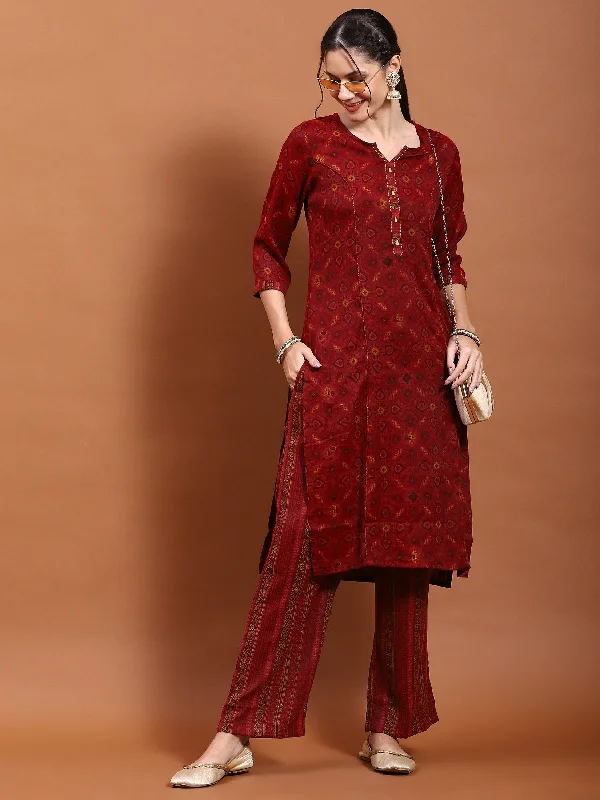 Designer Pajama Sets Women Maroon Geometric Print Kurta With Comfort Pant