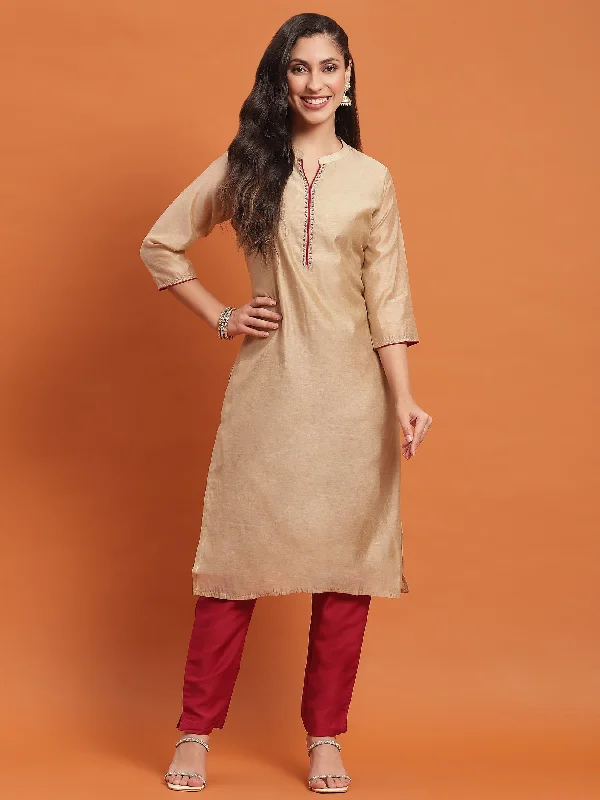 Silk Pajama Sets Women Beige Solid Kurta With Trouser