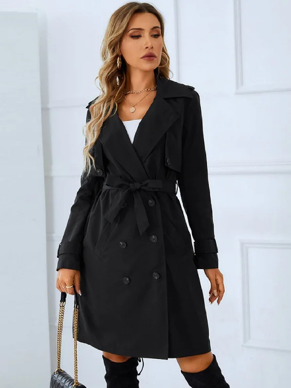 trendy cold weather jackets Lapel Collar Tie Belt Double-Breasted Trench Coat