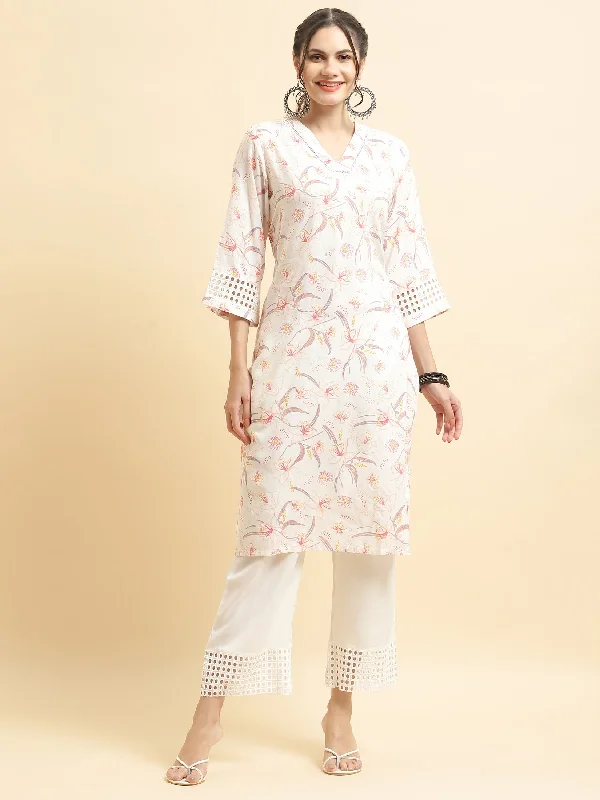 Matching Sport Sets Women Liva Rayon White Floral Print Kurta With Comfort Pant