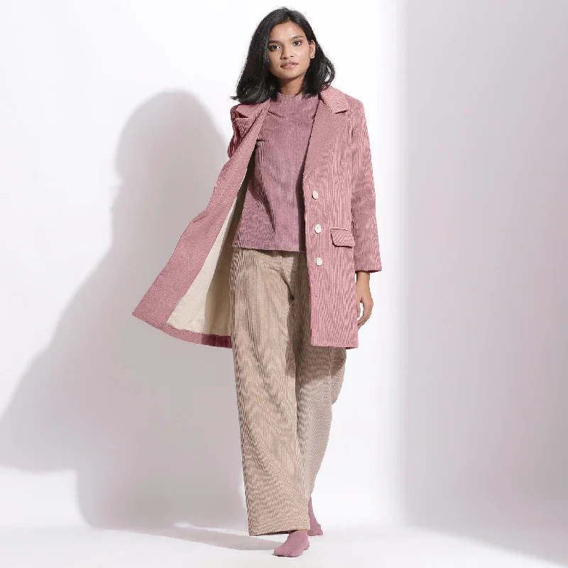 Casual Knit Sets Mauve Cotton Corduroy Top, Beige Trouser and Mauve Coat Co-ord Set