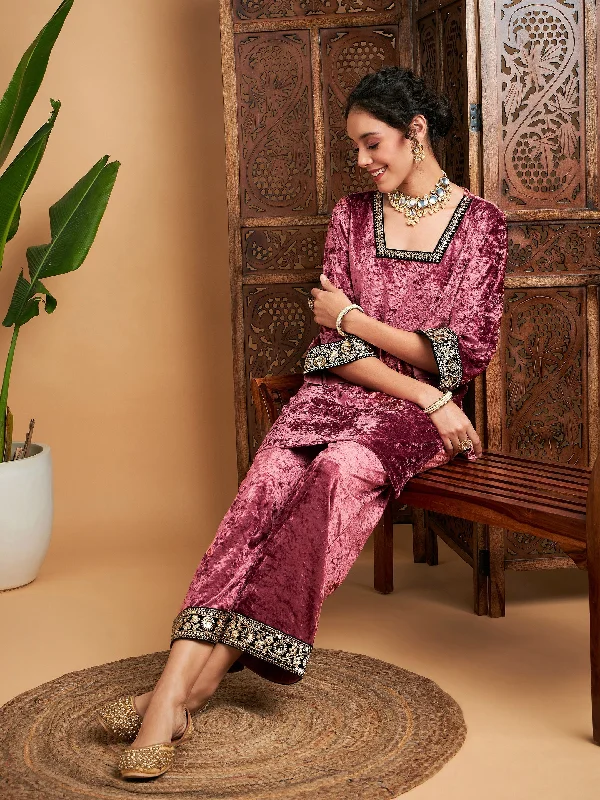 Matching Cold Weather Sets Women Pink Velvet Embroidered Short Kurta With Pants