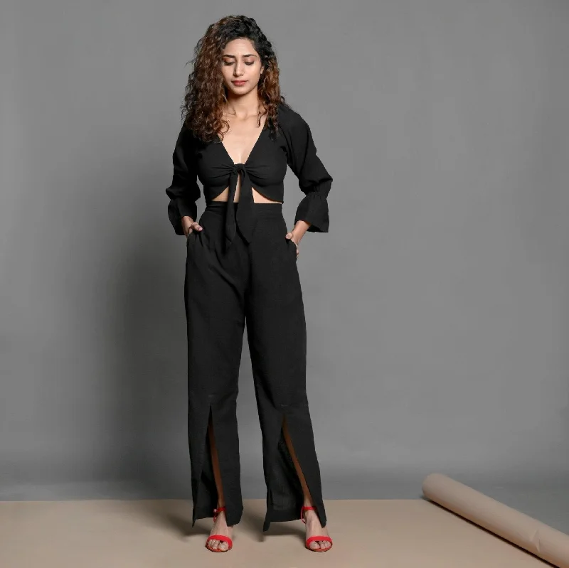 Comfortable Sweatshirt Sets Black Tie-up Cotton Crop Top and Elasticated Slit Pant Co-ord Set