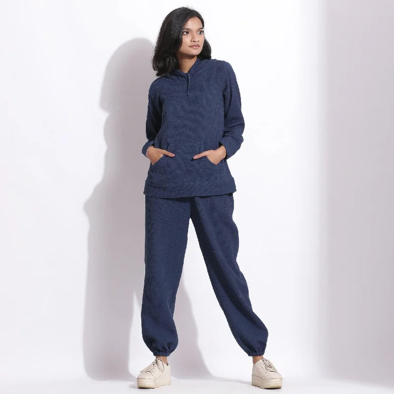 Trendy Lounge Sets Navy Blue Warm Cotton Waffle Hoodie Top and Jogger Pant Co-ord Set