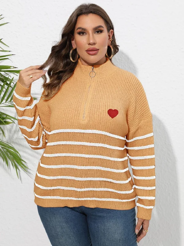 classic fall outerwear women Size Inclusive Zip-Up Striped Sweater with Heart Logo