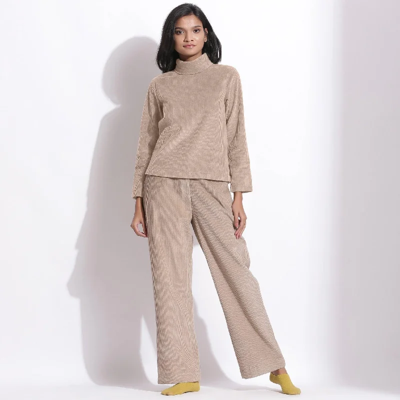 Elegant Pajama Sets for Women Taupe Beige Warm High Neck Top and Cotton Corduroy Pant Co-ord Set