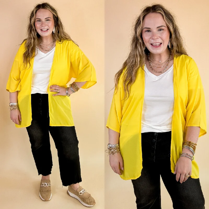 best outerwear for cold weather Like A Melody Solid Sheer Kimono in Yellow