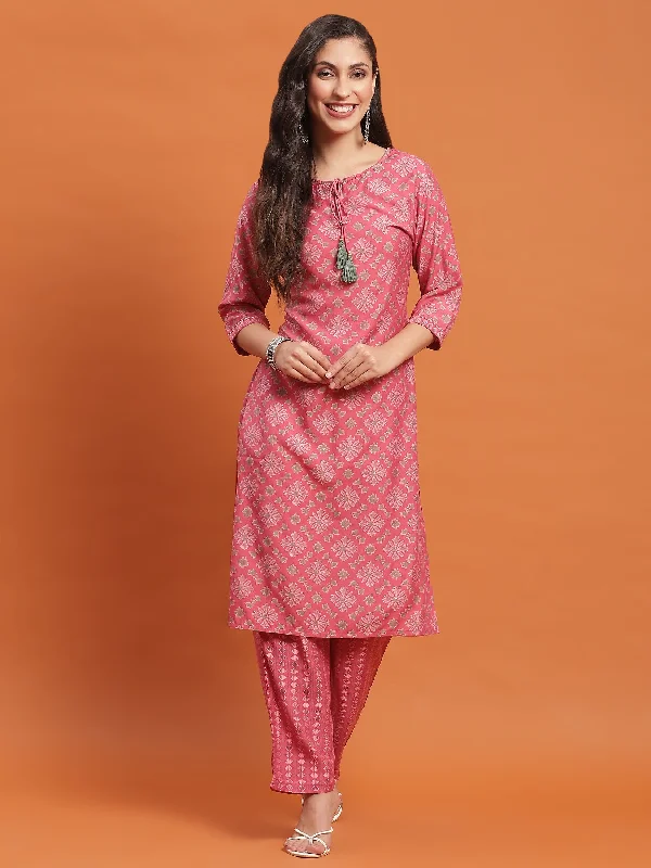 Casual T-shirt Sets Women Pink Floral Print Kurta With Comfort Pant