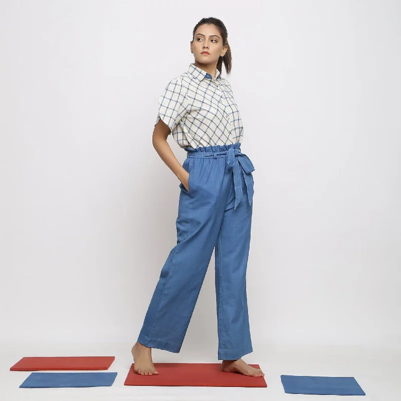 Cool Winter Pajama Sets Off-White Checks Cotton Shirt and Blue Paperbag Pant Co-ord Set