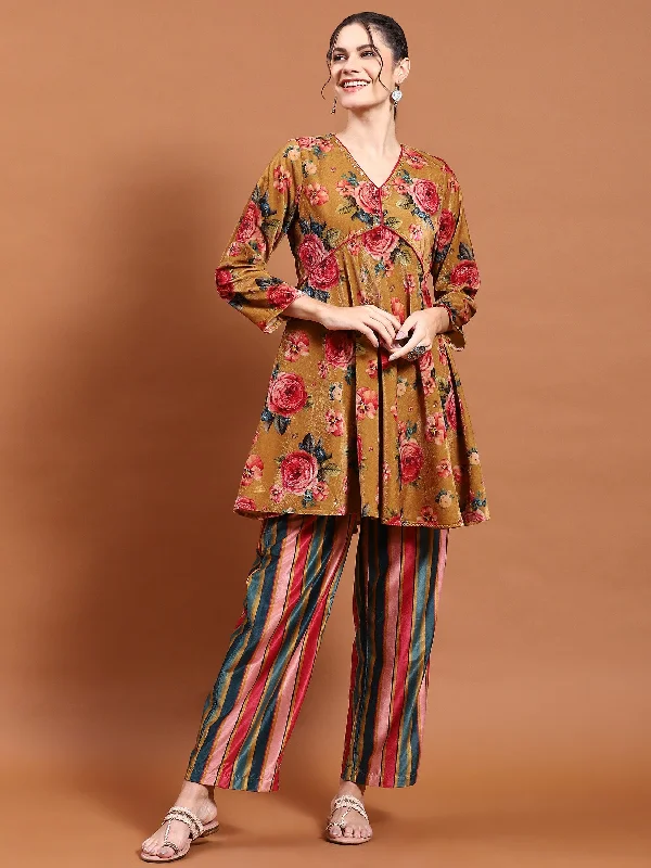 Versatile Set Outfits Winter Women Mustard Floral Print Co-Ord Set