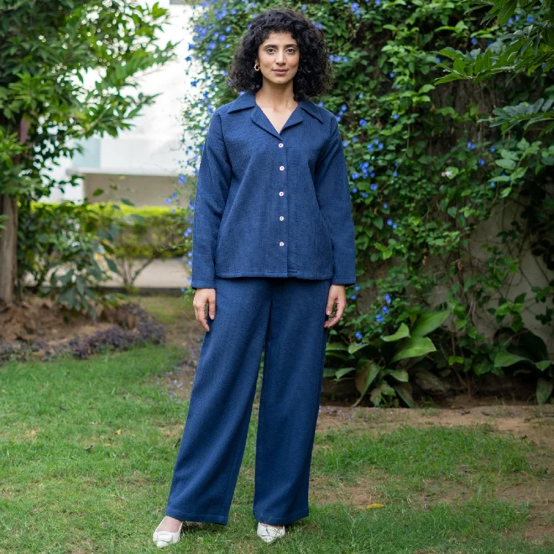 Bold Sets Navy Blue Cotton Waffle Shirt and High-Rise Pant Co-ord Set