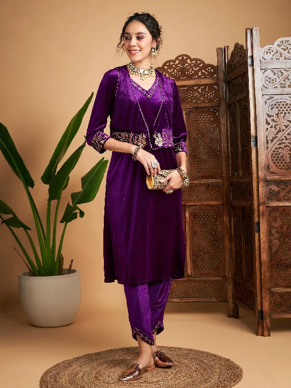 Vintage Pajama Sets Women Purple Zari Velvet Straight Kurta Set With WaistCoat