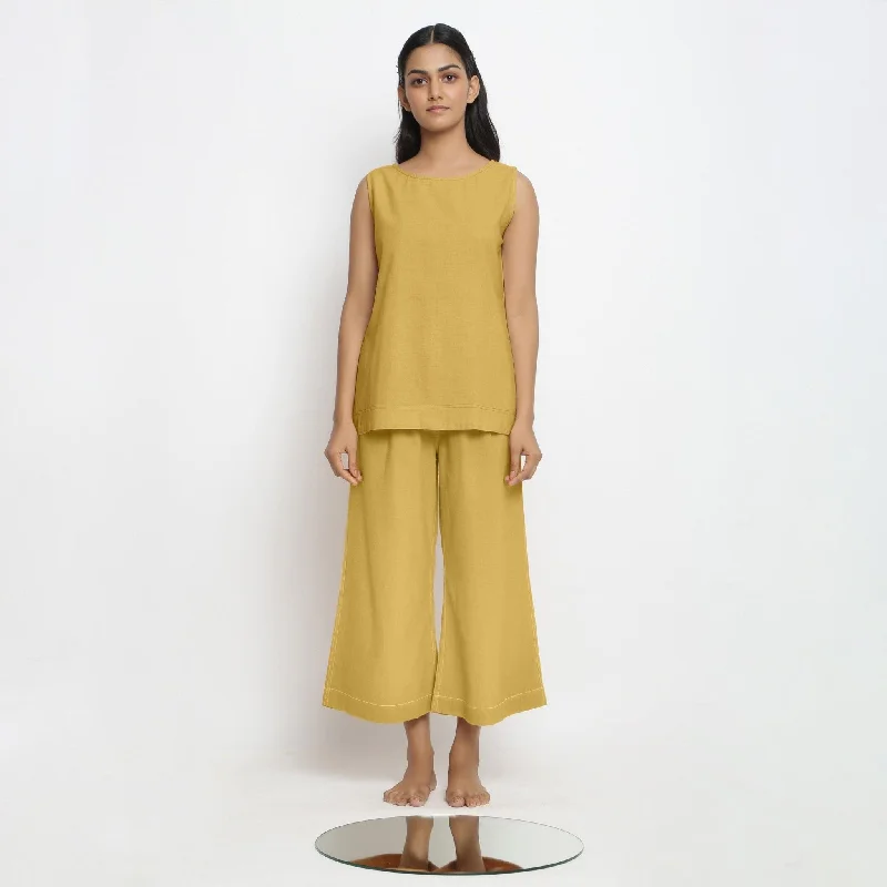 Relaxed Sweater and Pants Sets Light Yellow Boat Neck 100% Cotton Top and Wide Legged Pant Co-ord Set