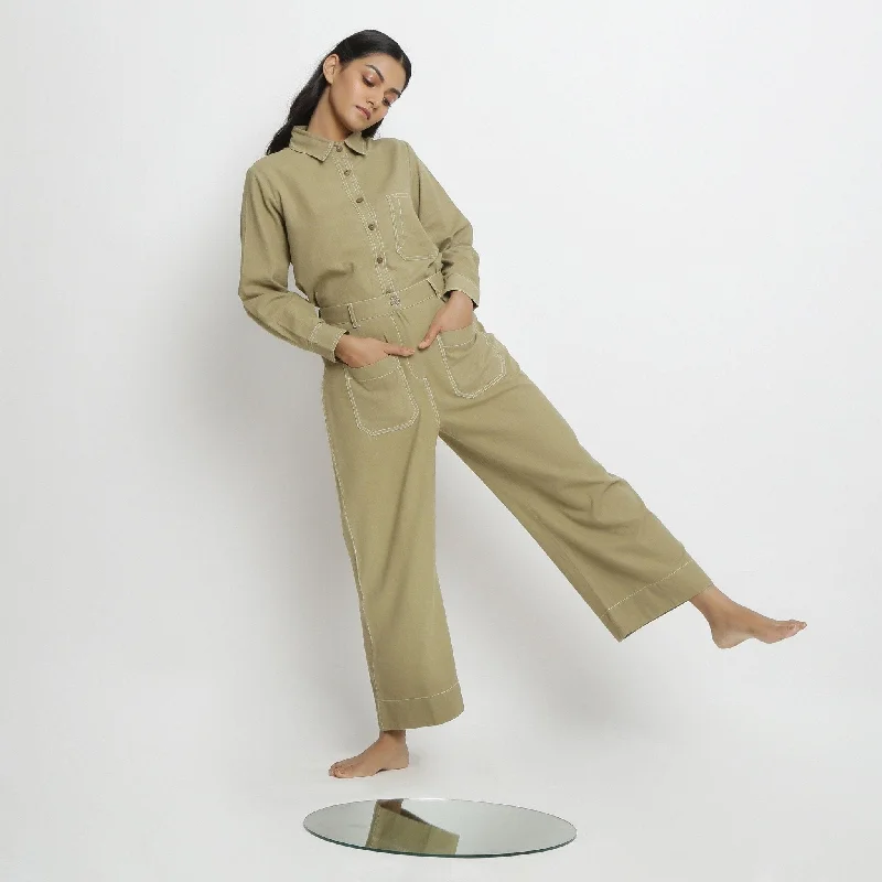 Fall Trendy Pajama Sets Khakhi Green Button-Down 100% Cotton Top and Wide Legged Pant Co-ord Set