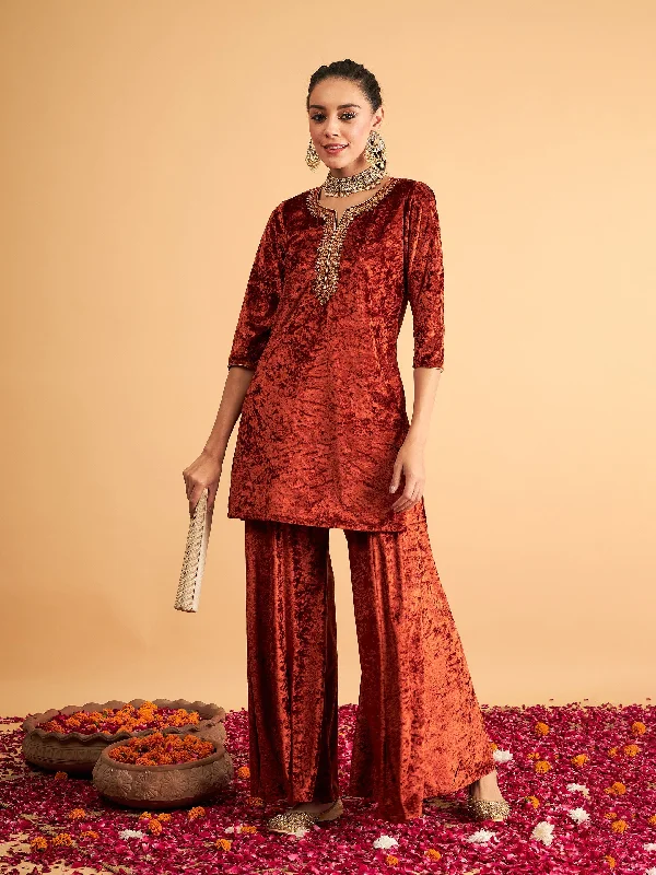 Relaxed Pajama Sets Women Rust Velvet Embroidered Short Kurta With Palazzos