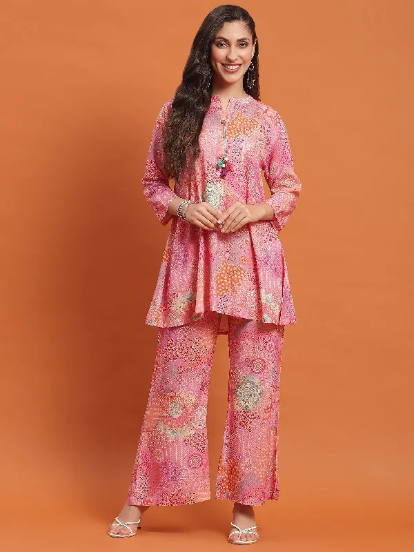 Office Ready Sets Women Pink Abstract Print Co-Ord Set