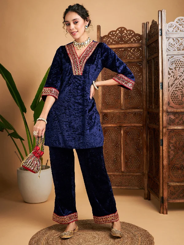 Comfortable Activewear Sets Women Navy Velvet Embroidered Short Kurta With Pants