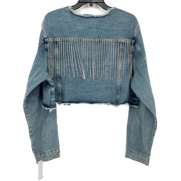 winter jackets stylish women VOCAL RAW EDGE CUT NECK DENIM CROP JACKET WITH STONE FRINGES