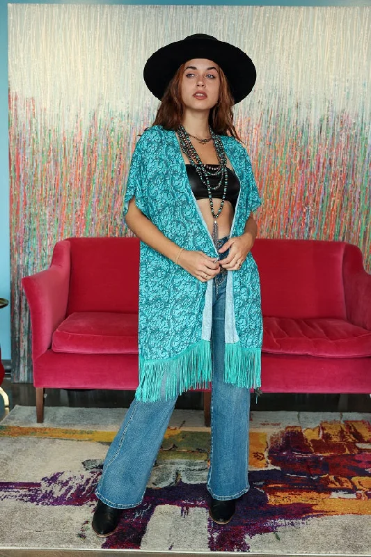 trendy cold jackets winter Turquoise Tooled Printed Fringe Kimono