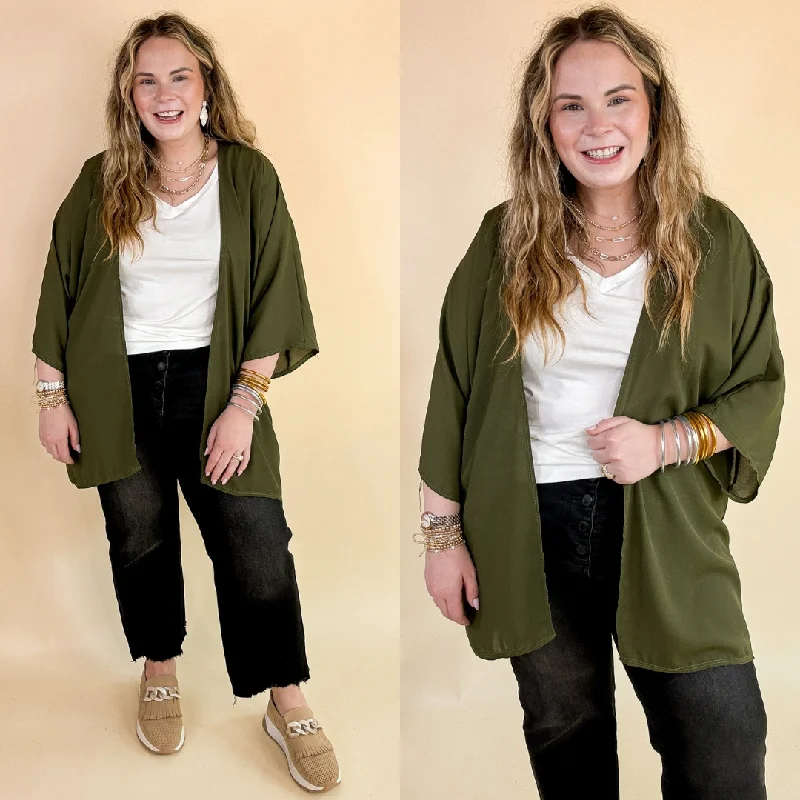 comfortable outdoor outerwear for women LAST CHANCE SIZE 3XL | Like a Melody Solid Sheer Kimono in Olive