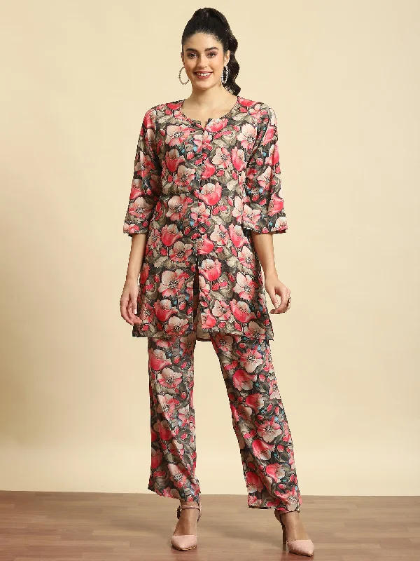 T-shirt Sets Women Multicolor Floral Printed Co-Ord Set