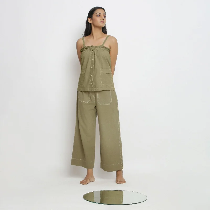 Elegant Cardigan and Skirt Sets Khakhi Green 100% Cotton Cami Top and Mid-Rise Pant Co-ord Set