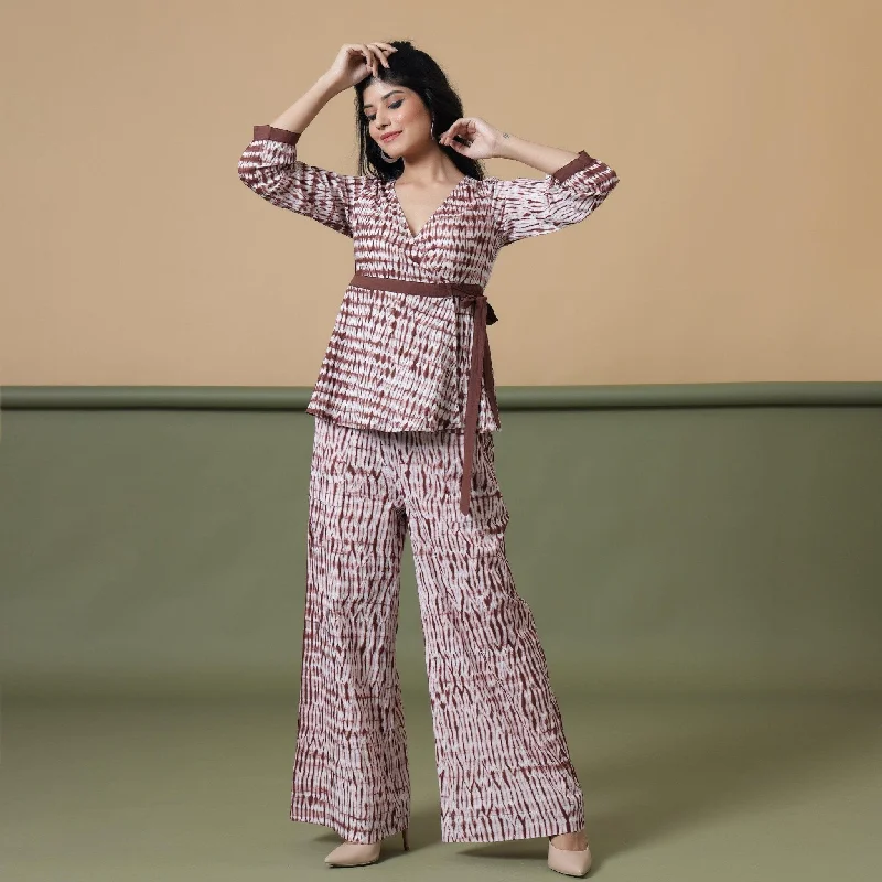 Designer Sleep Sets Sangria Wine Cotton Wrap Top and Mid-Rise Wide Legged Pant Co-ord Set