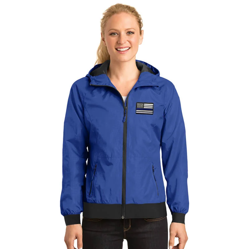 versatile fall outerwear women Women's Embossed Hooded Wind Jacket, Thin Blue Line USA