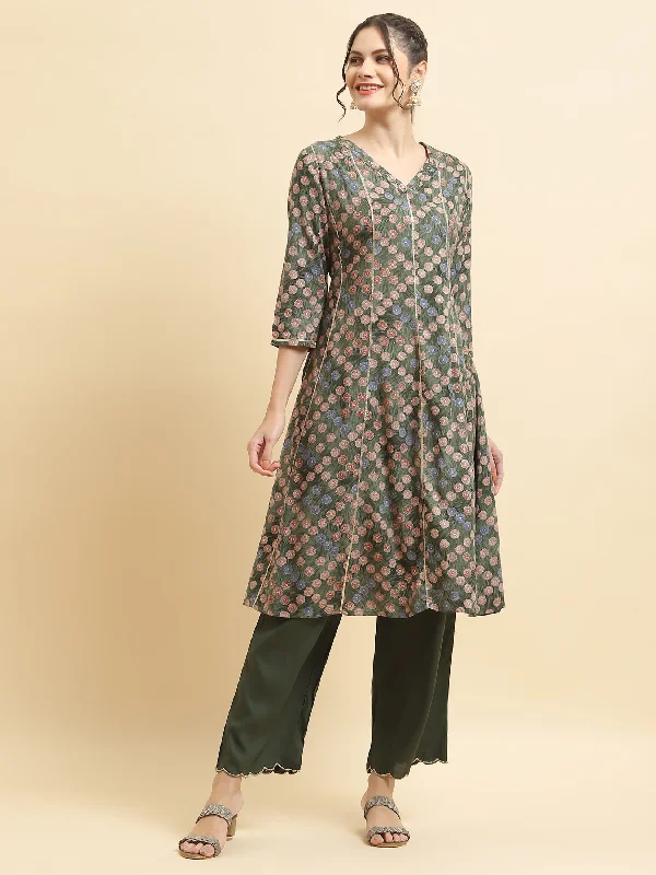 Relaxed Hoodie and Sweatpants Sets Women Liva Rayon Olive Geometric Print Kurta With Comfort Pant