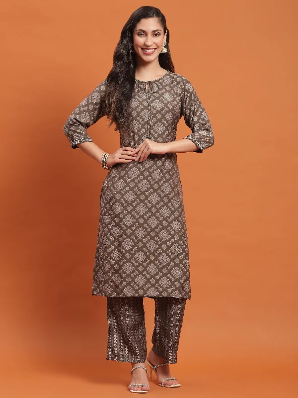 Matching Sweater Sets Women Grey Floral Print Kurta With Comfort Pant