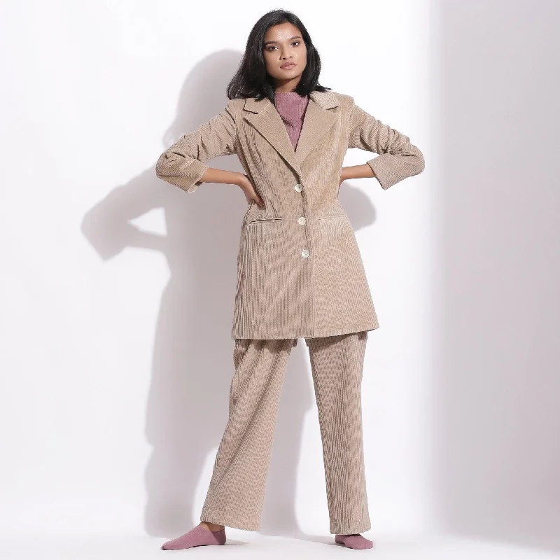 Formal Dress Sets Taupe Beige Warm Pant and Cotton Corduroy Long Coat Co-ord Set