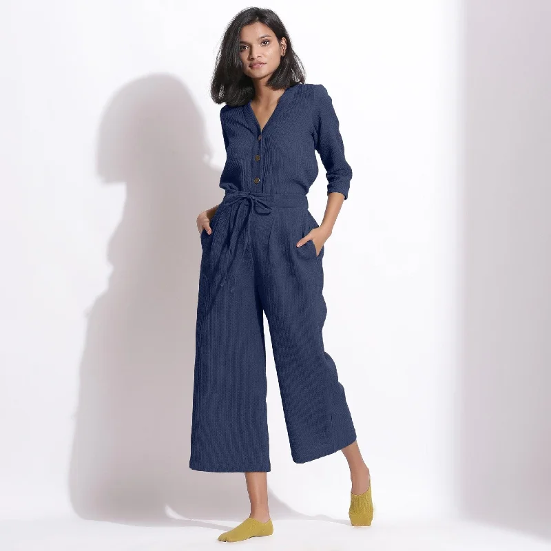 Modern Sets Navy Blue Warm Cotton Waffle Top and Culottes Pant Co-ord Set