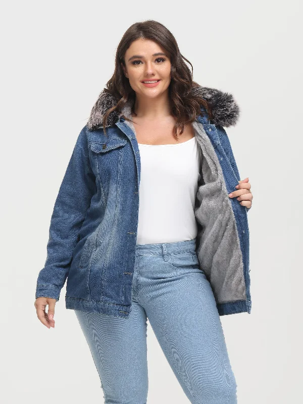 chic jackets winter Midsize Button Plush Hooded Denim Jacket