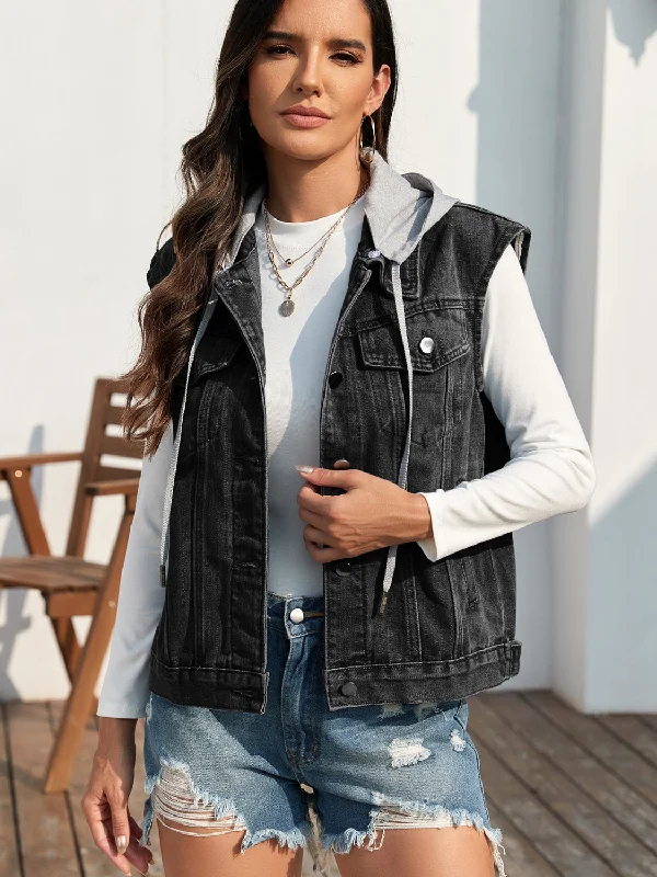 fashionable outerwear jackets women Pocketed Button Up Hooded Denim Vest Jacket