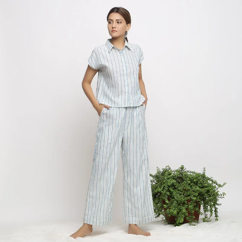 Stylish Tracksuit Sets Sky Blue Striped Cotton Shirt and Elasticated Pant Co-ord Set