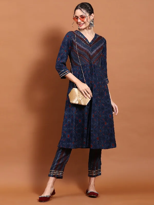 Athleisure Dress Sets Women Navy Blue Geometric Print Kurta With Trouser