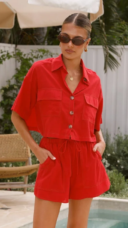 Summer Evening Sets Bridgette Cropped Shirt and Shorts Set - Red