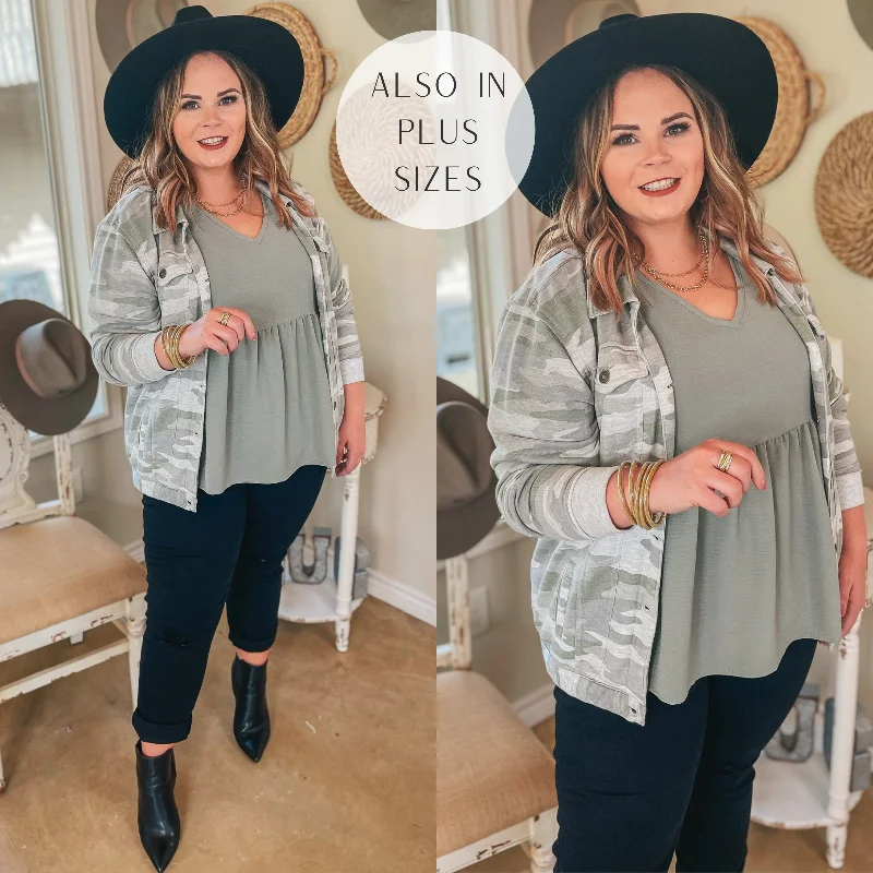 stylish women’s winter jackets Weekend Dreaming Button Up French Terry Jacket with Pockets in Camouflage