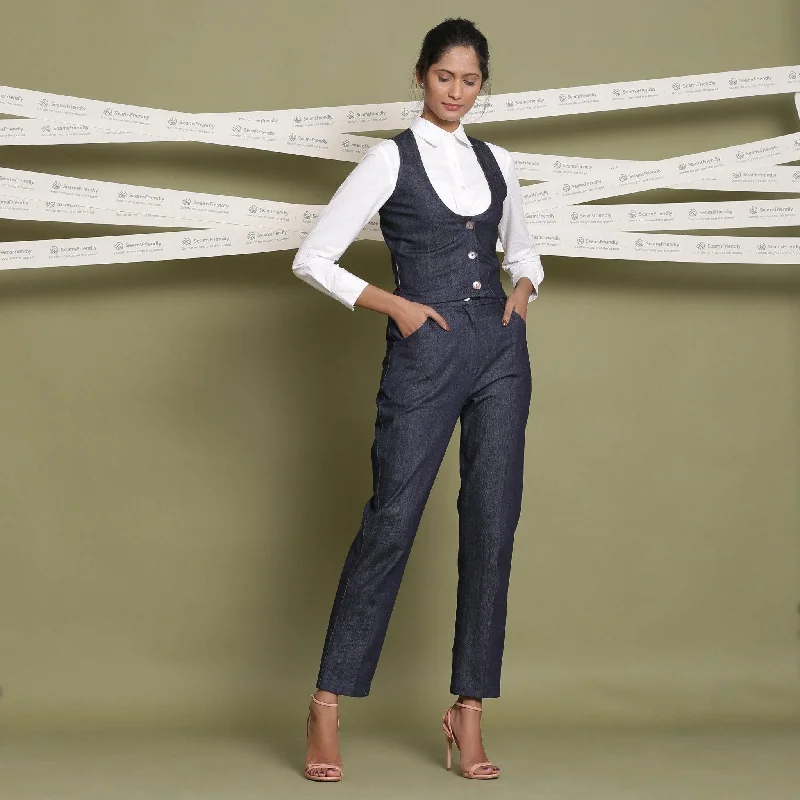 Trendy Sets White Cotton Shirt, Indigo Denim Jeans and Indigo Vest 3-Piece Co-ord Set