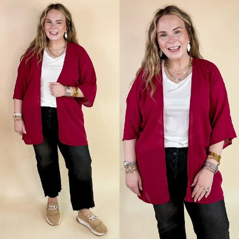 classic outerwear for women Like a Melody Solid Sheer Kimono in Maroon