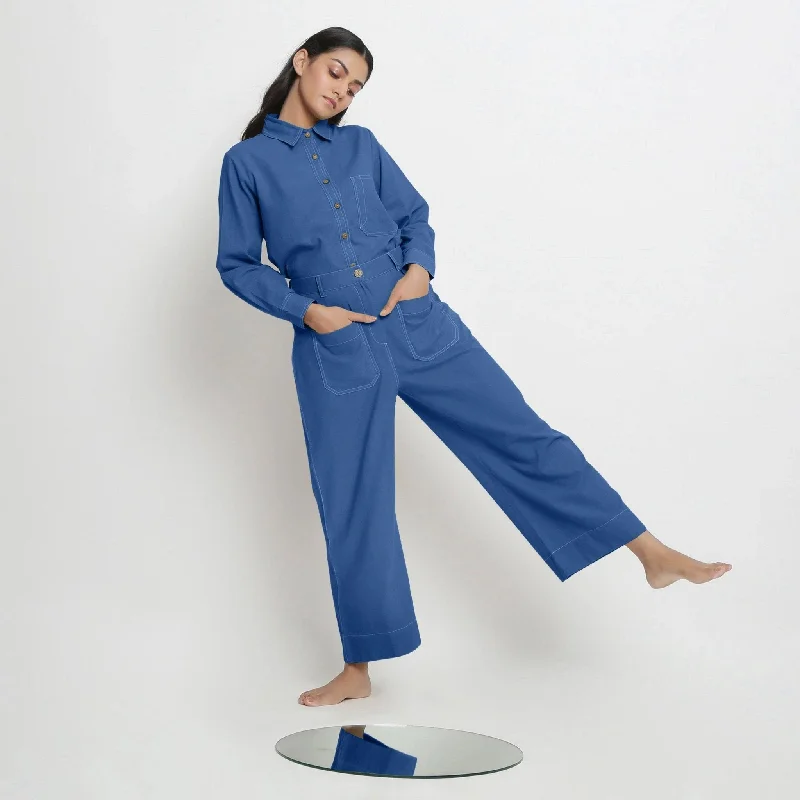 Dressy Pajama Sets Blue Button-Down Cotton Top and Powder Blue Wide Legged Pant Co-ord Set