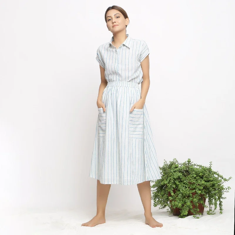 Romantic Sets Sky Blue Striped Cotton Shirt and Sky Blue Gathered Midi Skirt Co-ord Set