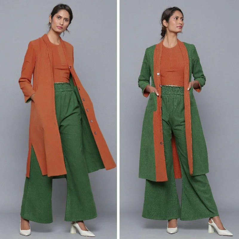 Stylish Fall Lounge Sets Rust Warm Corduroy Top, Green Pant and Reversible Jacket Dress Co-ord Set