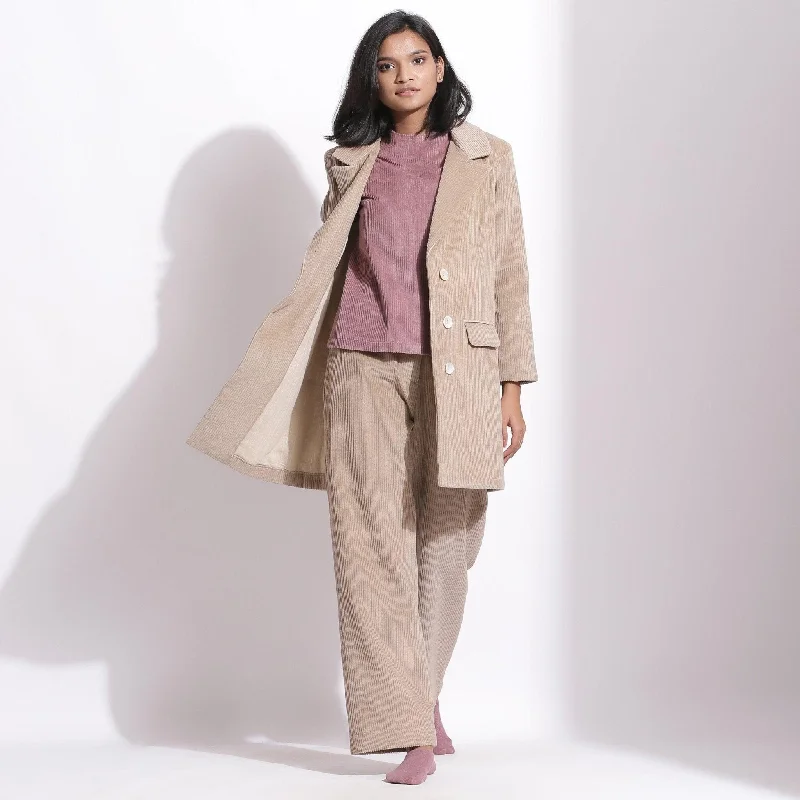 Office Casual Sets Mauve Cotton Corduroy Warm Top, Beige Trouser and Long Coat Co-ord Set