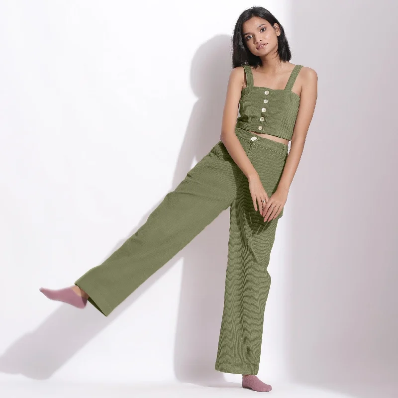 Cozy Warm Pajama Sets Sage Green Cotton Corduroy Top and Warm Trouser Pant Co-ord Set