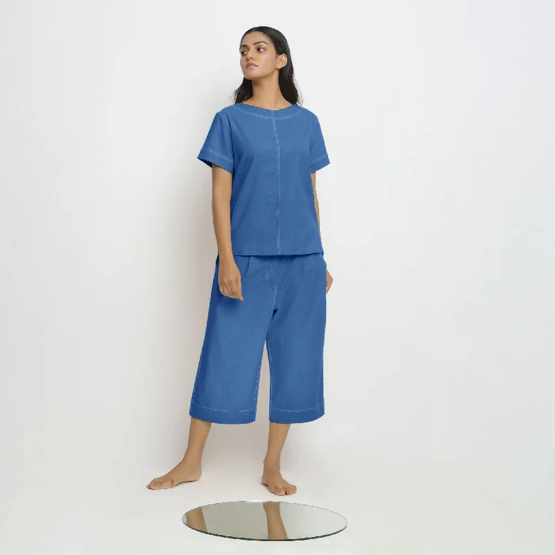 Stylish Lounge Set Outfits Blue Paneled Cotton Top and Handspun Cotton Culottes Co-ord Set