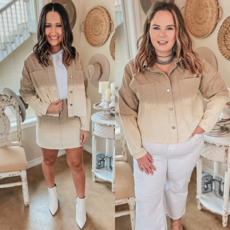 outdoor jackets stylish women 90's Baby Ombre Cropped Denim Button Up Jacket in Taupe