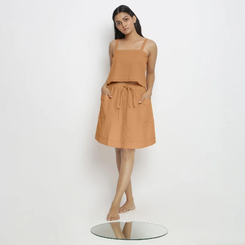 Simple Dress Sets Orange Strap Sleeve 100% Cotton Top and Elasticated Short Skirt Co-ord Set