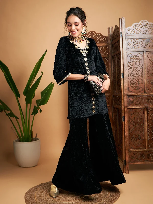 Soft Pajama Lounge Sets Women Black Velvet Embroidered Short Kurta With Palazzos